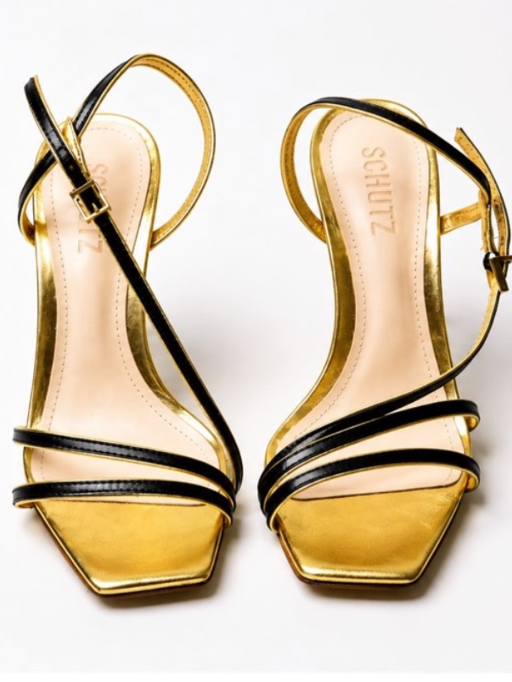 Schutz Gold Black Strappy High Heel Sandals Size 6 Women